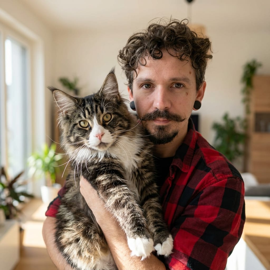 Le créateur du studio UNIQUE avec son chat Aaron